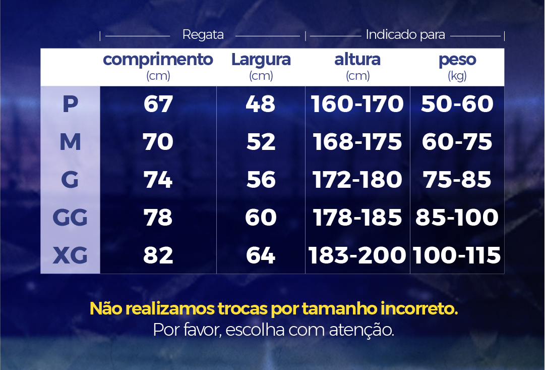 Tabela de Medidas Regatas NBA - Gaspar Sports